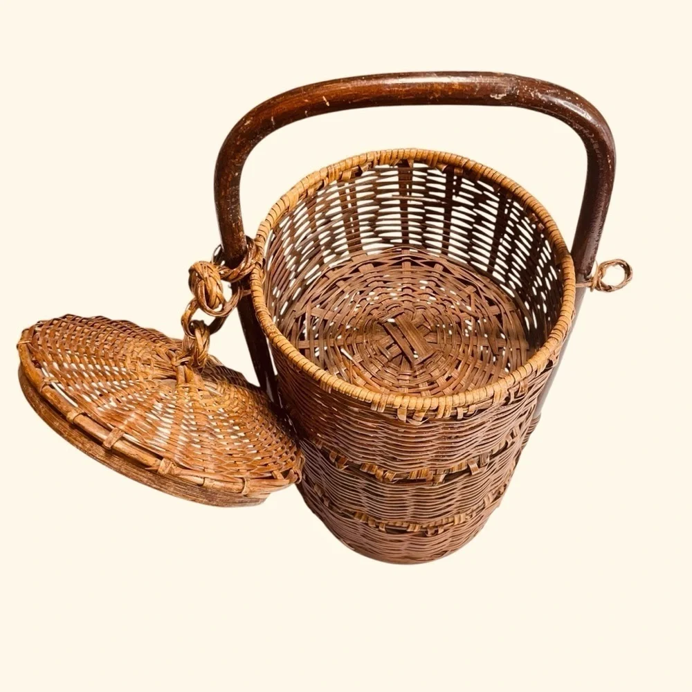 VTG Rattan Chinoiserie 3 Tier Basket with Handle | Rustic Wedding Sewing Basket